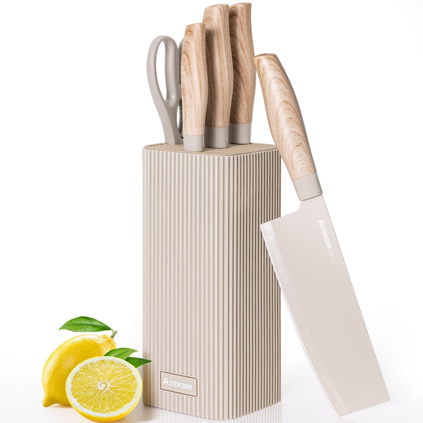Astercook Knife Set, 6-Piece Kitchen Knife Set with Block, High Carbon Stainless Steel Ultra Sharp Kitchen Knives, Wood Grain Handle, Dishwasher Safe Knife Block Set, Khaki, Mothers Day Gifts