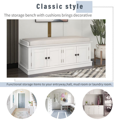 GDFStudio Jasd Storage Bench with 4 Doors and Adjustable Shelves, Removable Cushion Bench Ottoman, Solid Wood Frame Storage Ottoman, Rectangular Cabinet with Seating for Living Room Entryway, White