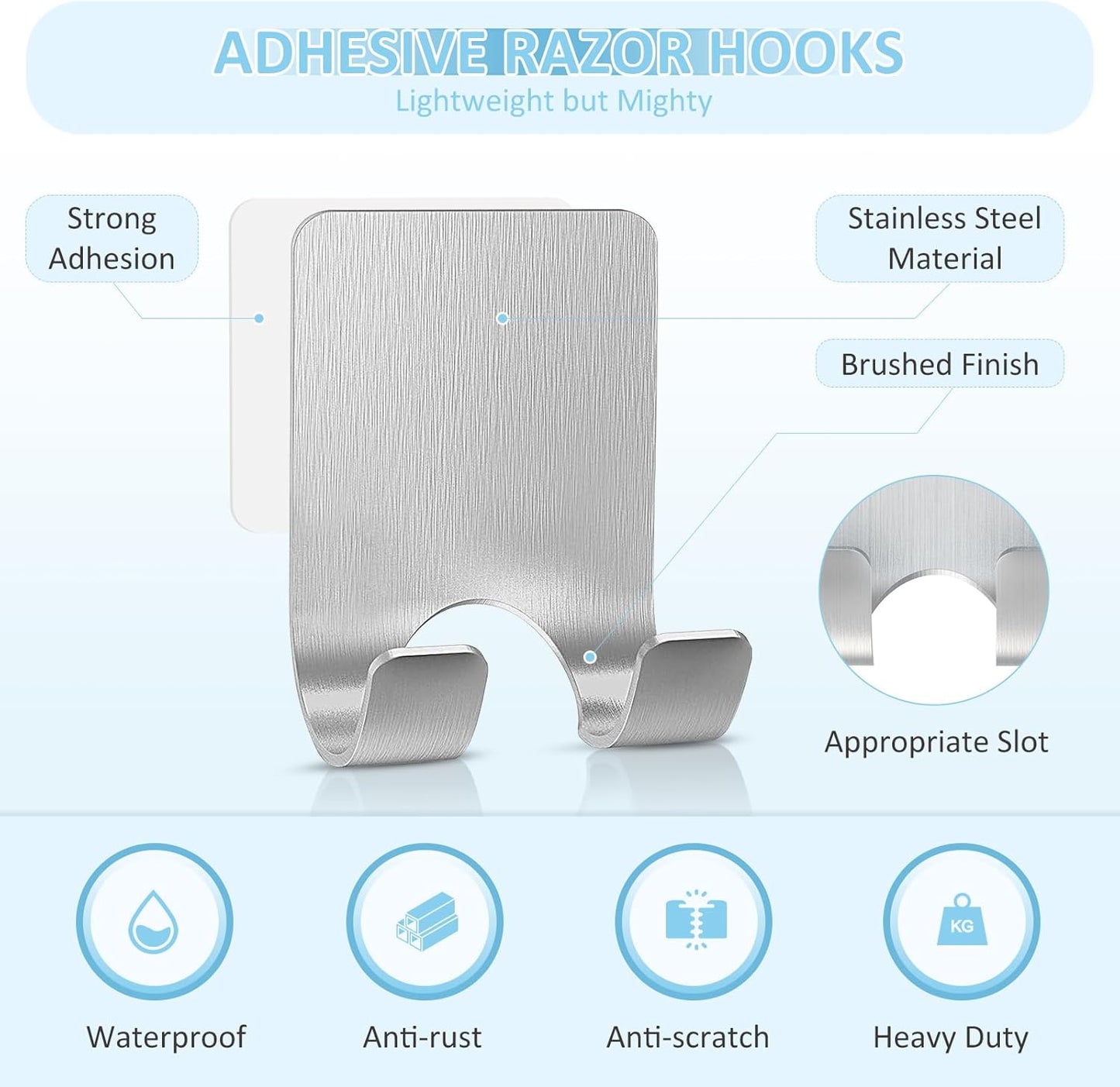 VIS'V Shower Wall Razor Holder - Metal Adhesive Razor Hooks for His and Hers, Waterproof, Silver, 2 Pcs