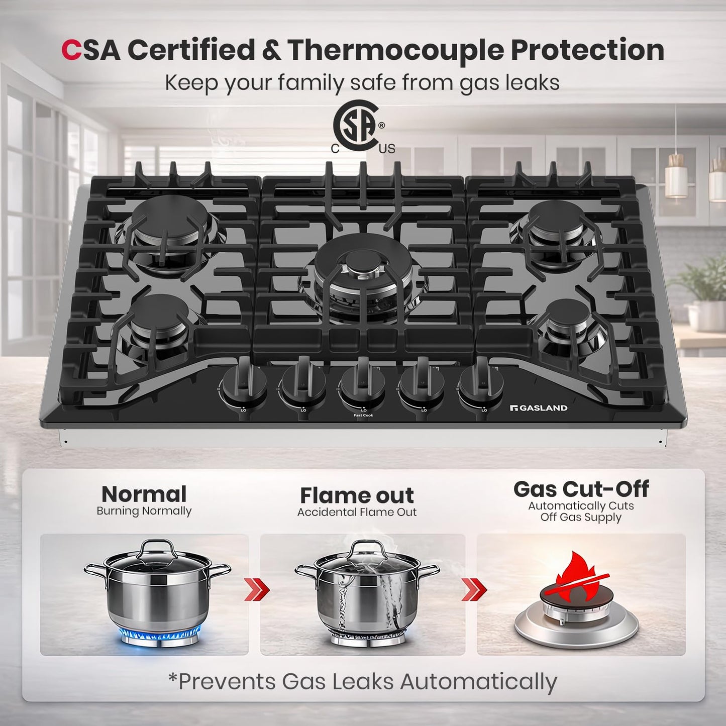 GASLAND 30'' Gas Cooktop Black, 5 Burner Propane Stove Top, Built-in Gas Cooktops NG/LPG Convertible, Plug-in with Thermocouple Protection, CSA Certified, Black