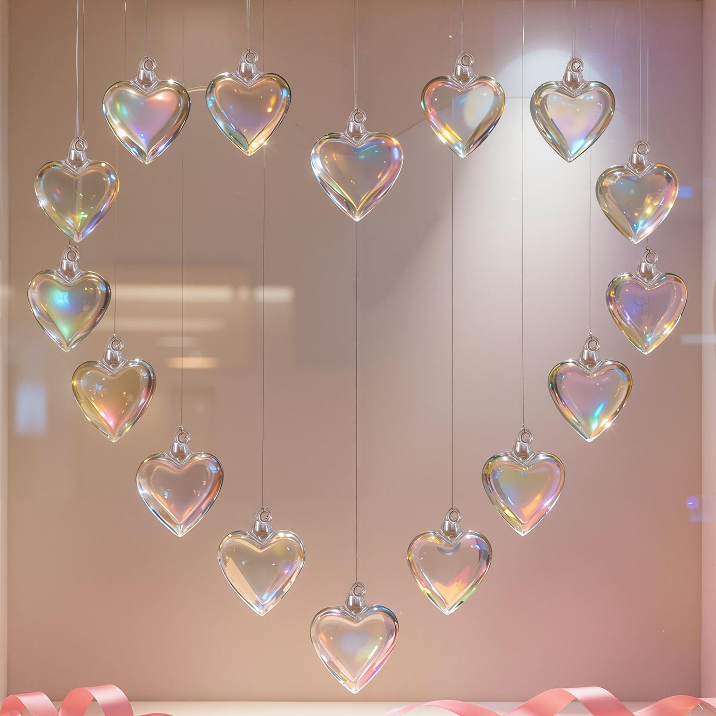 Bokon 12 Pcs Valentine Glass Heart Ornaments Valentine Tree Decoration 3.15 Inch Hand Blown Glass Hearts for Tree Clear Iridescent Crystal Ornaments Transparent Hanging Pendant for Wedding Party