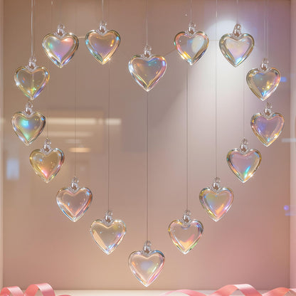 Bokon 12 Pcs Valentine Glass Heart Ornaments Valentine Tree Decoration 3.15 Inch Hand Blown Glass Hearts for Tree Clear Iridescent Crystal Ornaments Transparent Hanging Pendant for Wedding Party