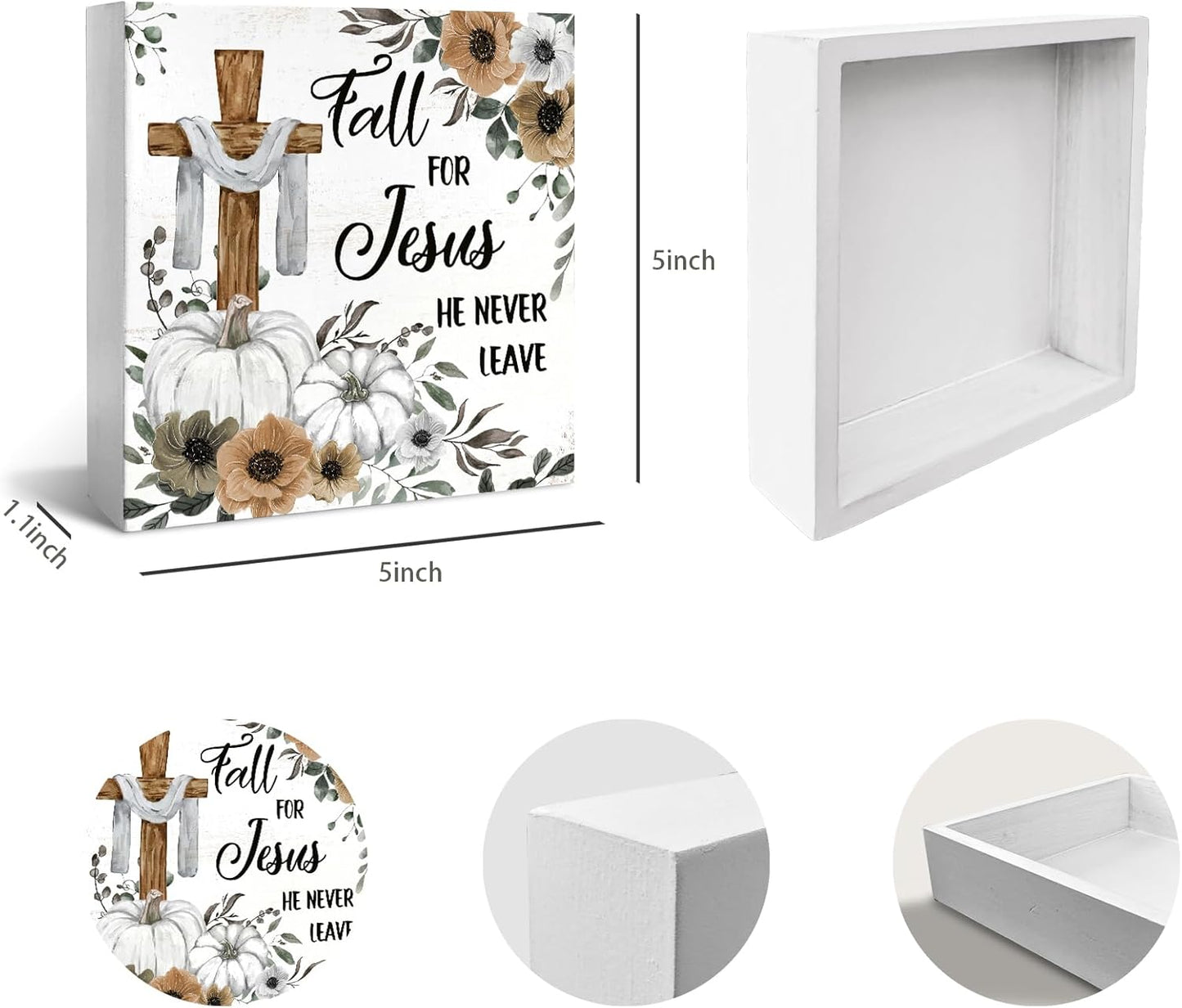 Christian Sign Fall Decor, Rustic Wood Box Desk Decor for Living Room and Bedroom, 5x5 Inch "Fall for Jesus He Never