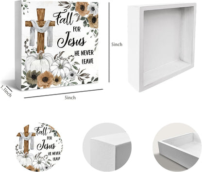 Christian Sign Fall Decor, Rustic Wood Box Desk Decor for Living Room and Bedroom, 5x5 Inch "Fall for Jesus He Never