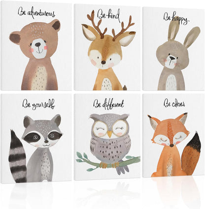 Set 6 Safari Animal Nursery Wall Decor: Woodland Animal Print for Baby Boy Girl, Framed Inspirational Quotes Kids Wall