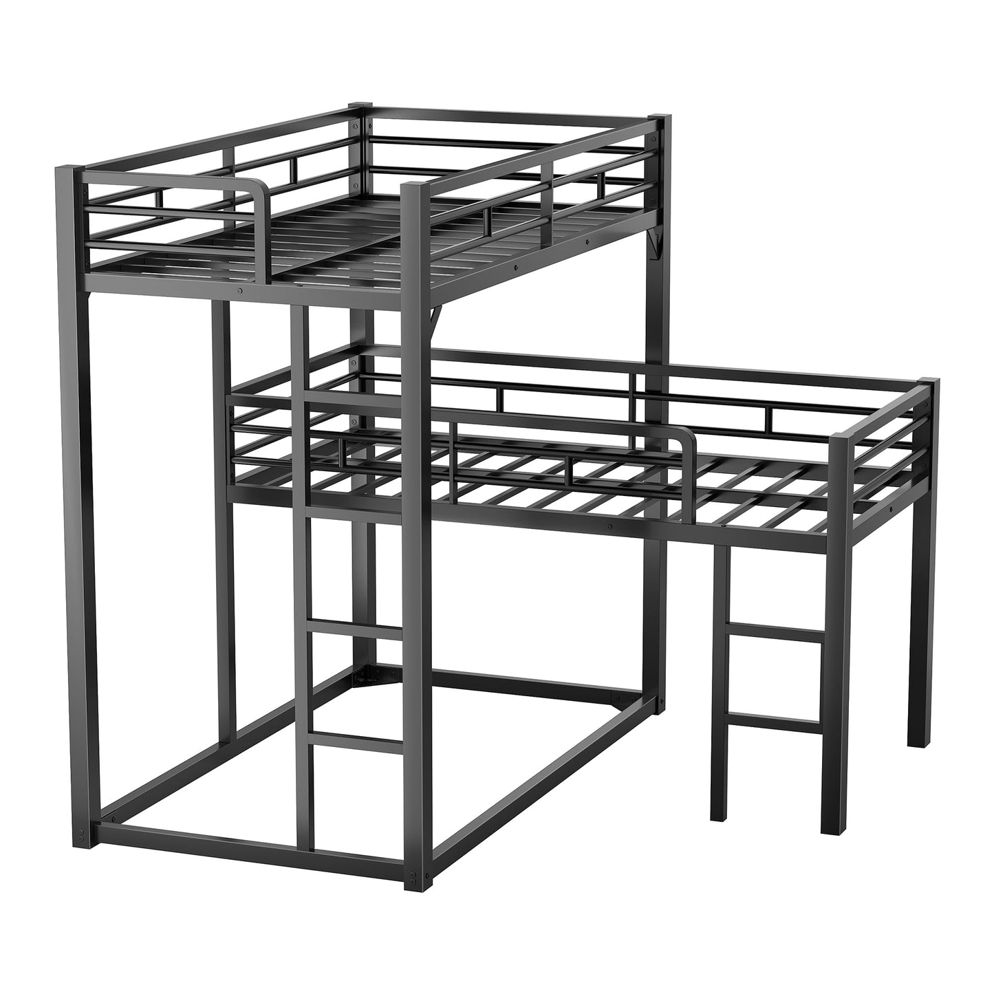 PVWIIK Heavy Duty L-Shaped Triple Bunk Bed for Kids Bedroom,Twin Over Twin Over Twin Metal Bunkbeds with Ladder & Safety Guardrail,Easy Assembly Metal Bed Frame, Black