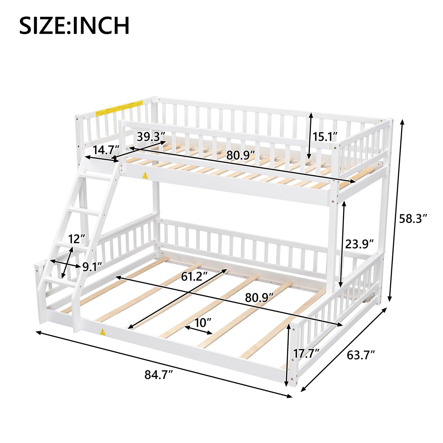 Merax Twin XL Over Queen Floor Bunk Bed with Ladder and Guardrails, Bedroom Wood Bunk Bed Frame for Kids/Teens/Youths/Adults, Space Saving & Noise Free, No Box Spring Needed, White