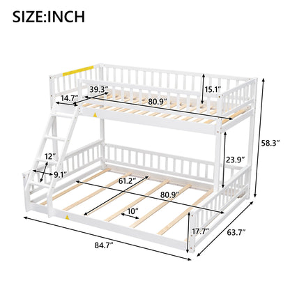 Merax Twin XL Over Queen Floor Bunk Bed with Ladder and Guardrails, Bedroom Wood Bunk Bed Frame for Kids/Teens/Youths/Adults, Space Saving & Noise Free, No Box Spring Needed, White
