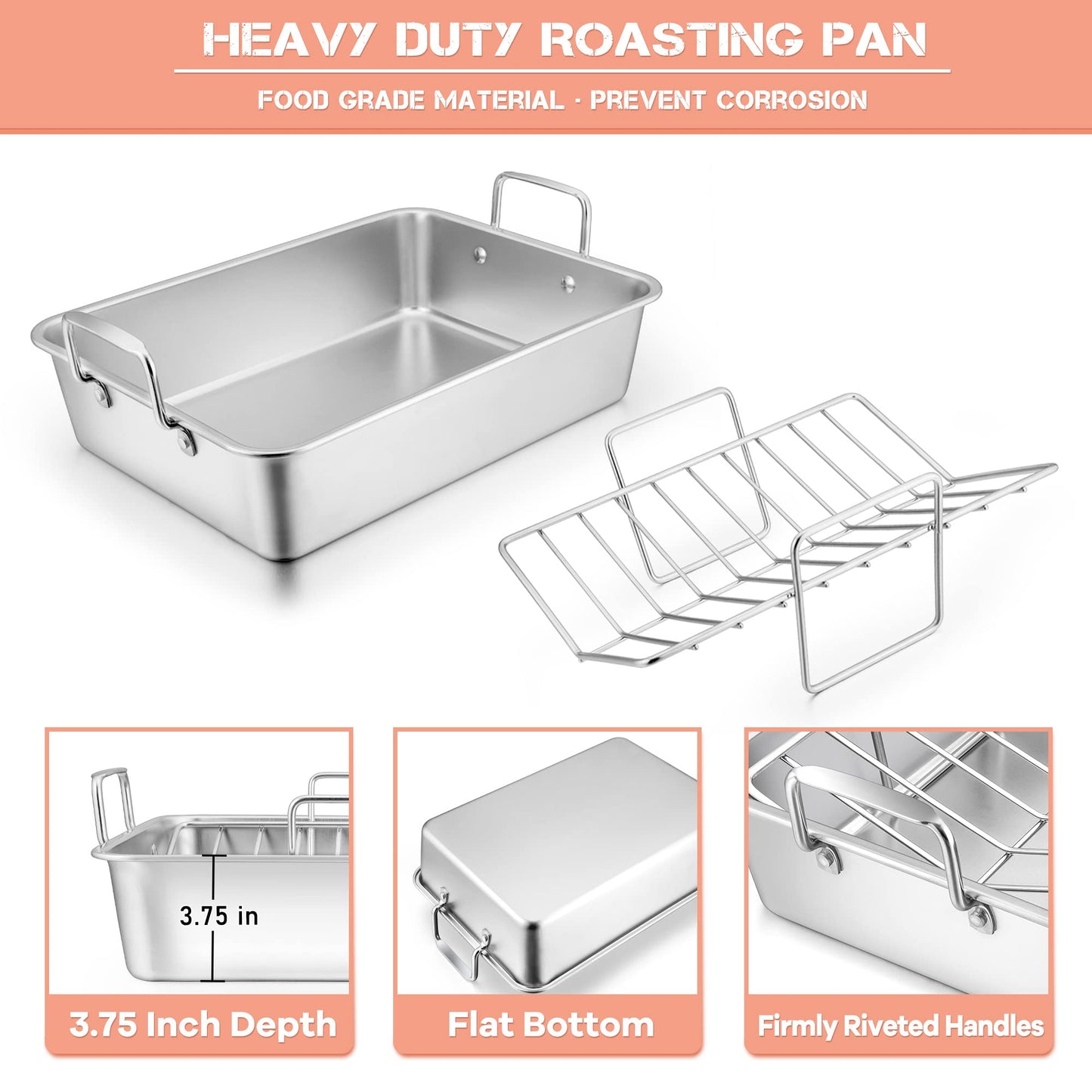 Leonyo Large Turkey Roasting Pan with V-shaped Rack, Rectangular 16 x 11.5 Inch Stainless Steel Turkey Roaster Pan with Rack Heavy Duty for Chicken Lasagna Vegetables Brownie, Dishwasher Safe, 2Pcs