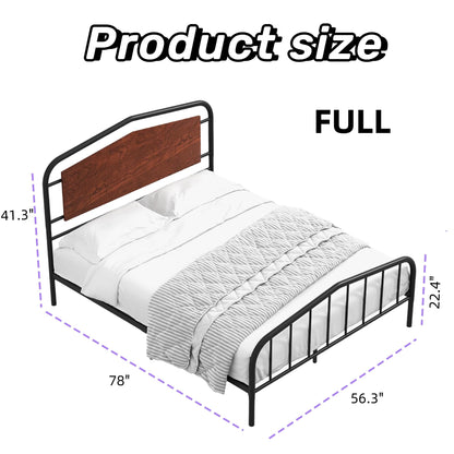 Gyabnw Full Bed Frame, Full Size Bed Frame, Heavy Duty Metal Platform Bed Frame with Round Corners, /No Box Spring Needed/Wooden Headboard/Noise-Free, Walnut