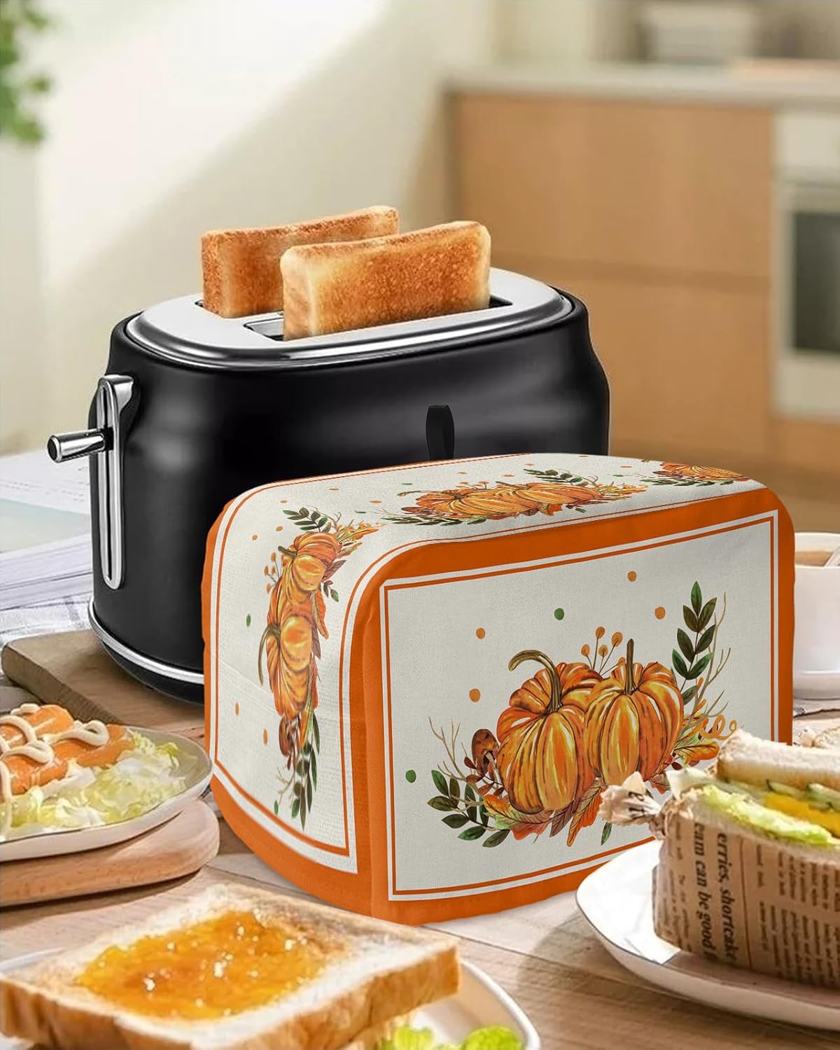Fall Pumpkin Toaster Cover 2 Slice - Thanksgiving Watercolor Orange Pumpkin Maple Leaf Kitchen Appliance Cover