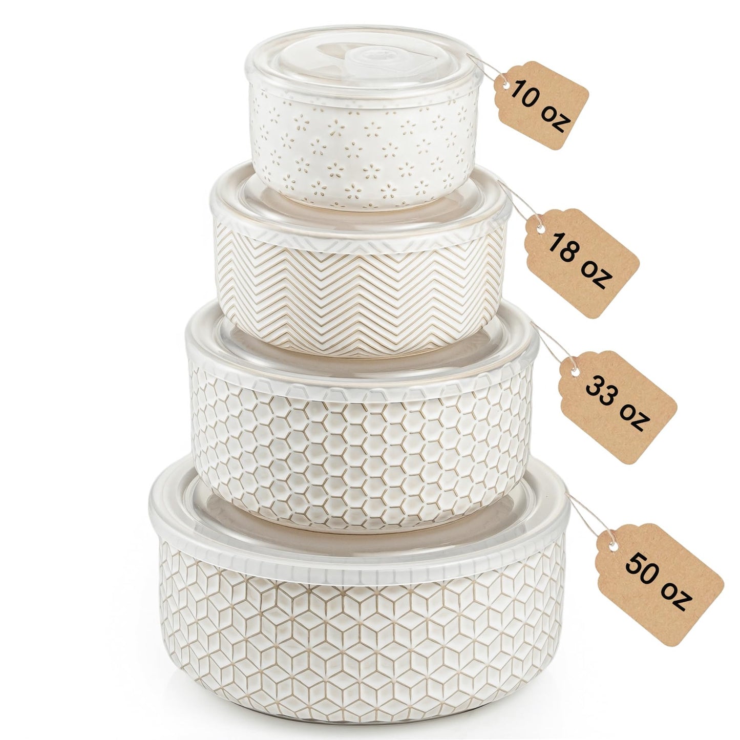 MIKIGEY Serving Bowls with Lids, Ceramic Embossed Nesting Mixing Bowls, Set of 4, Serving Bowls Set for Food Storage, Popcorn, Salad etc, Microwave & Dishwasher Safe, 10/18/33/50 OZ, Off-White
