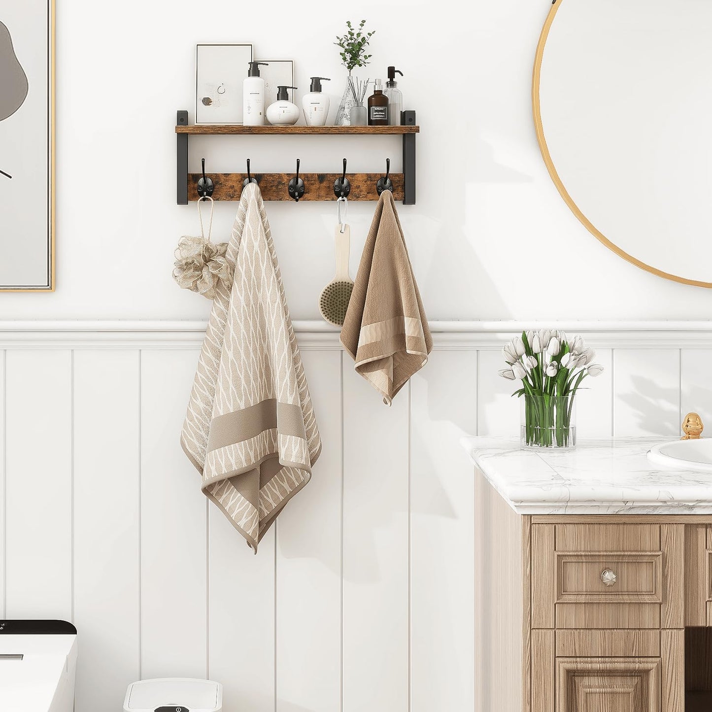 Homode Wall Hooks with Shelf, Wood Coat Rack with Shelf Wall-Mounted, Entryway Hanging Shelves with 5 Metal Hooks for Clothes Hats Towel Purse Robes, Bathroom Mudroom Bedroom, Rustic Brown Black