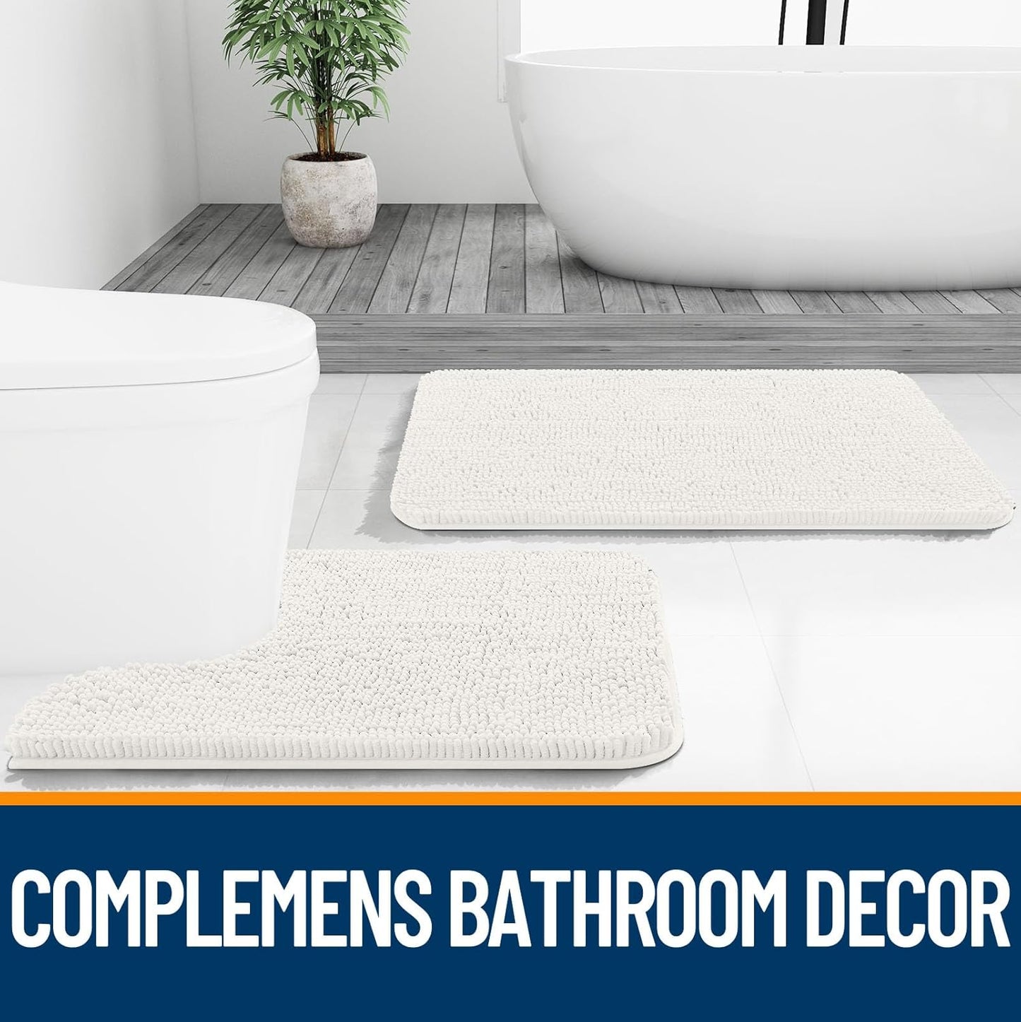 OLANLY U-Shaped Toilet Rugs - Extra Soft Chenille Bathroom Mat, 24x20, Quick-Dry & Non-Slip, Ivory