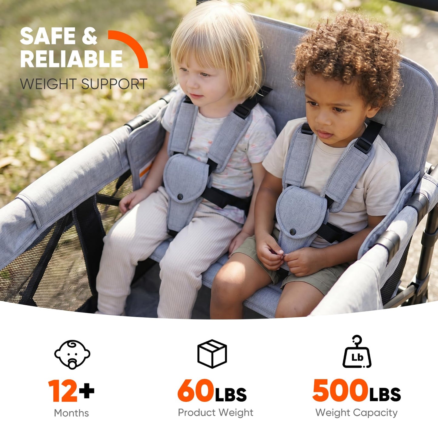 Sekey 4 Seater Stroller Wagon for Kids - Premium Quality with Convertible Seats, Adjustable Push Handles, Removable Canopy, Snack Tray & Cooler, US Certified.