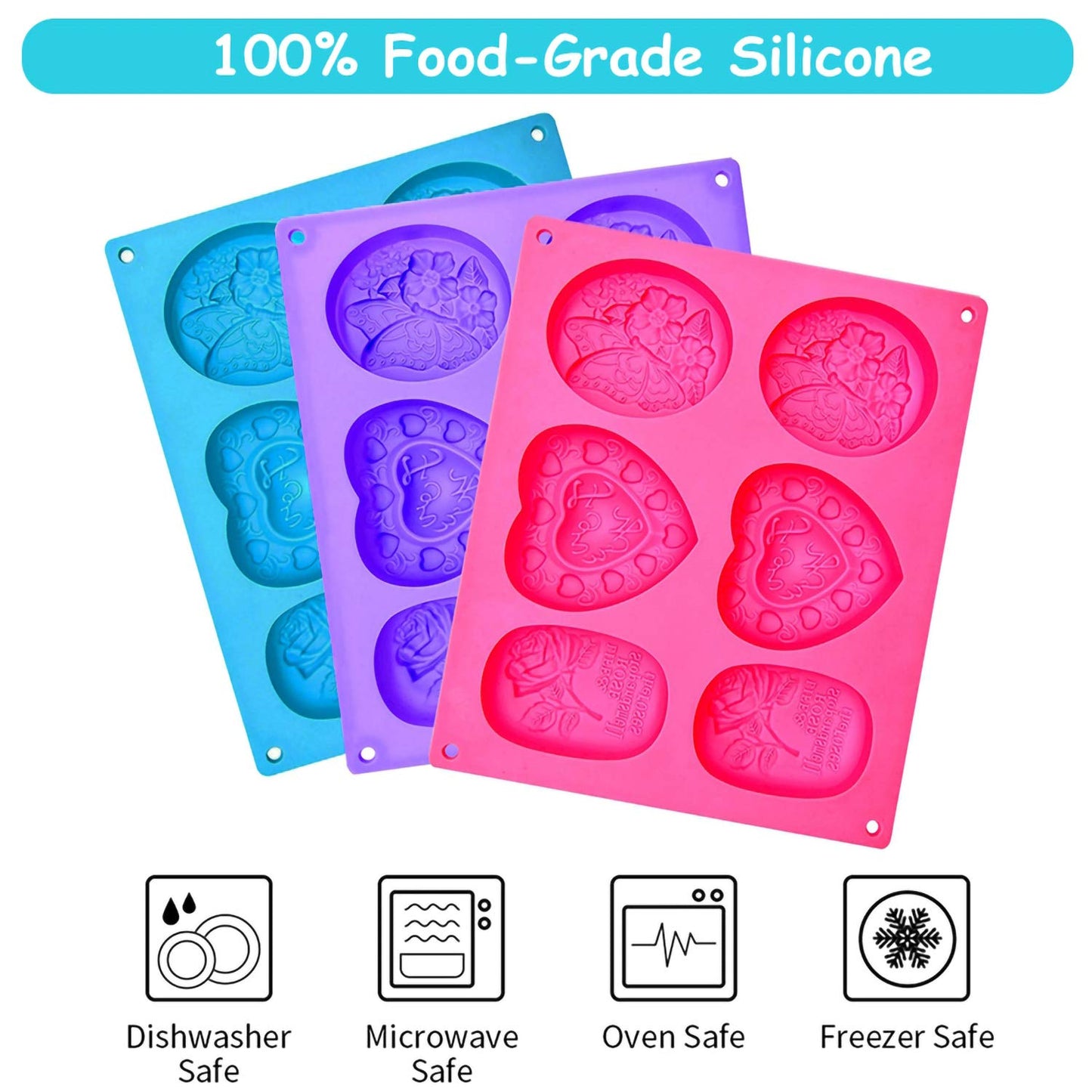 Helpcook 3 Pack Silicone Soap Molds, 6 Cavities, Mixed Patterns, BPA Free, Easy Release