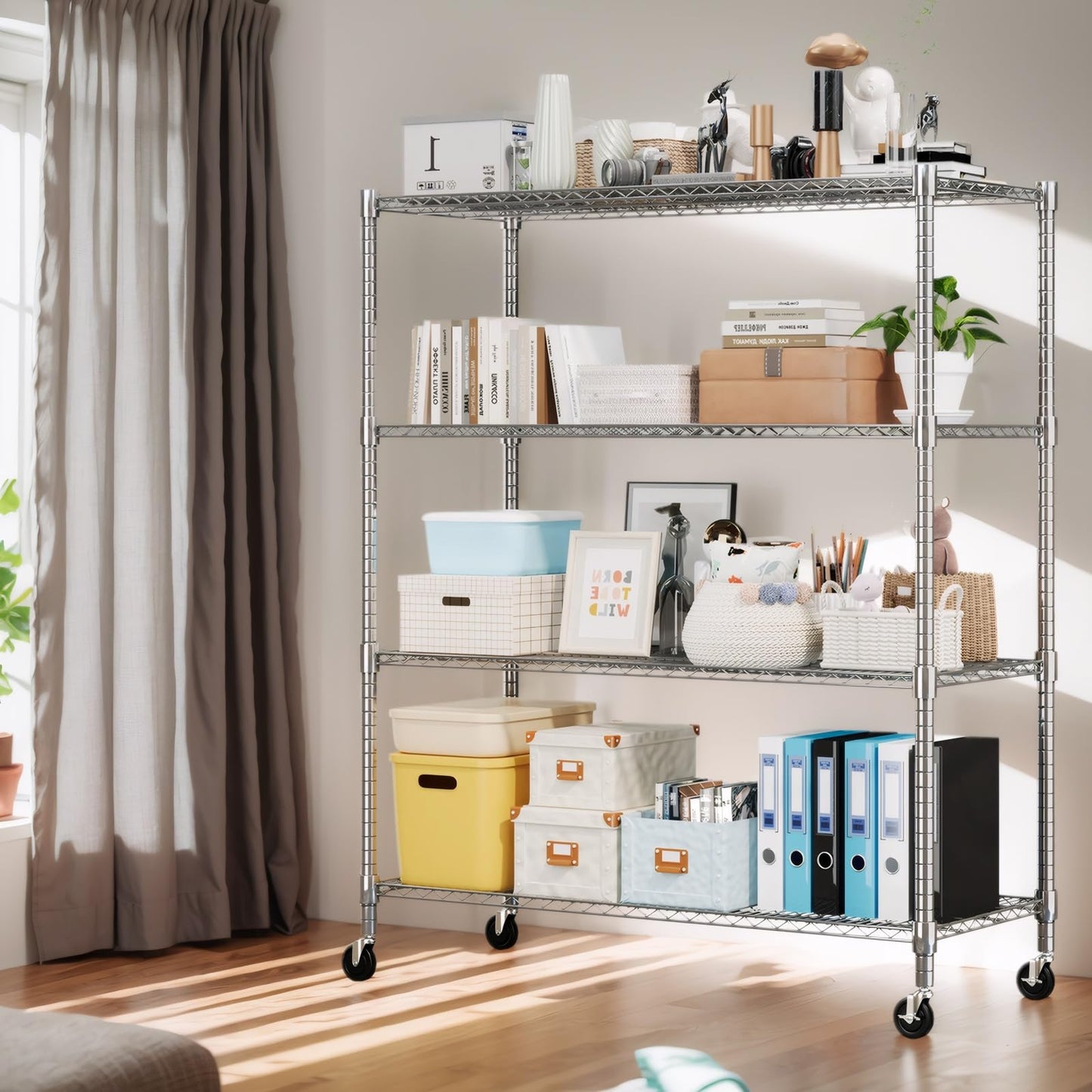 Himimi Storage Shelves 60"W Wire Shelving with Wheels 2600LBS Heavy Duty Metal Shelves for Storage, 4-Tier Adjustable Wire Rack Shelving Garage Shelving Kitchen Storage Shelves 24"Dx60"Wx72"H, Silver