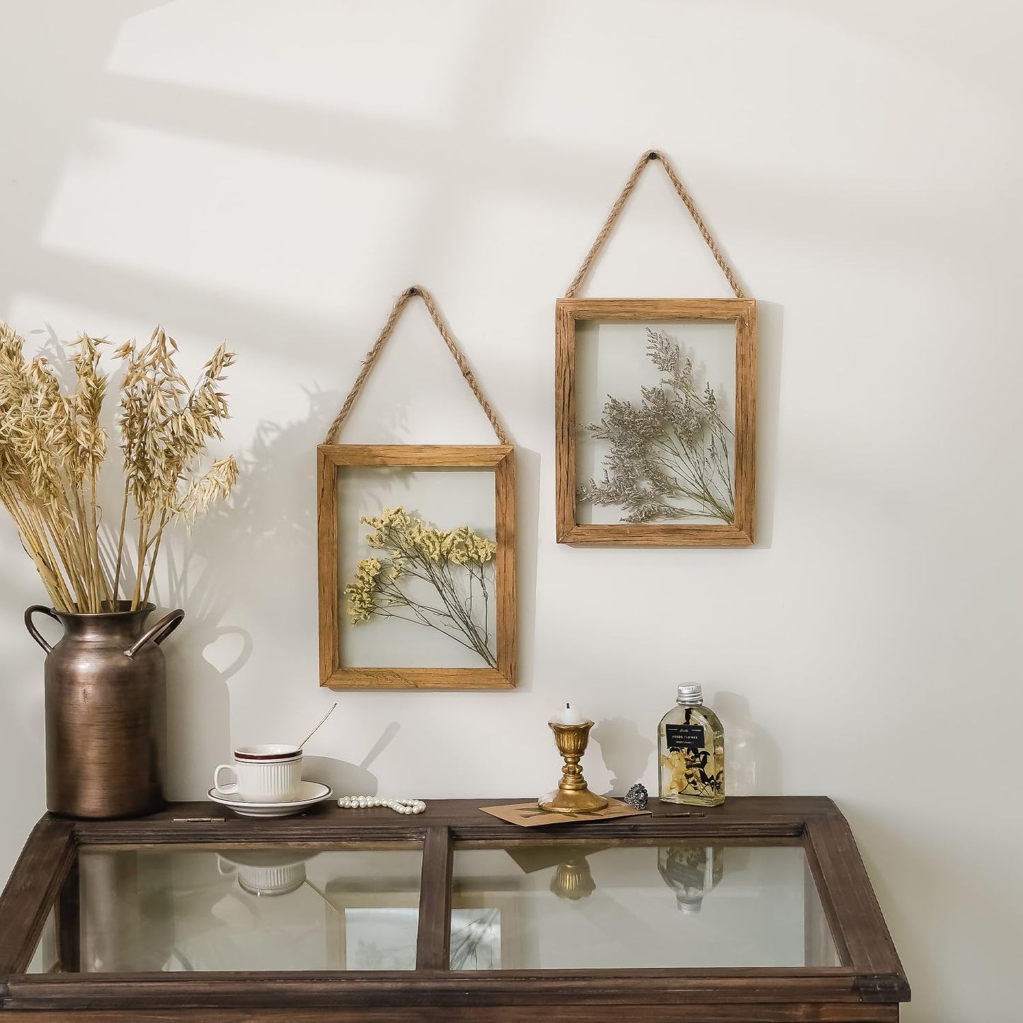 NIKKY HOME Dried Flowers Grass Wall Art Set of 2 Natural Plant Artwork with Clear Glass Display Frame and Jute Rope Gallery Wall Decor Living Room Decor