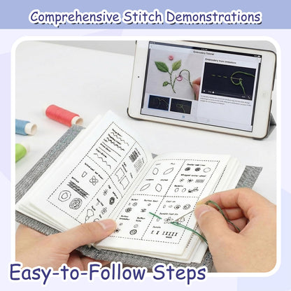 majusaccessory Embroidery Stitch Book Kit for Beginners,106 Patterns & 27 Full Tool Set with Video Instructions, Portable All in One Kit for Stress Relief & Relaxation, Perfect for Leisure Time, Gift