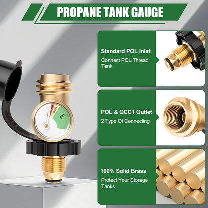 Skiennix 100 lb Propane Tank Adapter - POL to QCC1 Connection with Built-In Gauge for Easy Monitoring