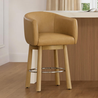 CHITA Genuine Leather Swivel Bar Stool, Modern Counter Height Bar Stools with Arms, Solid Wood Turned Legs, Upholstered Barstools for Kitchen Island, 26" Seat Height