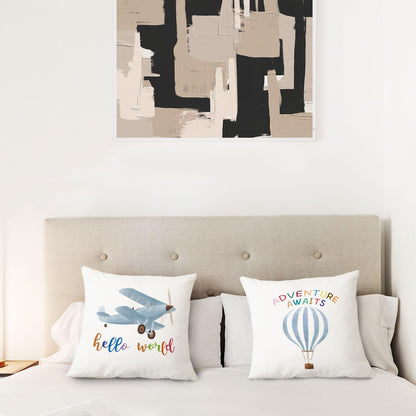 16x16 Set 2, Hot Air Balloon Airplane Nursery Decor, Hello World Adventure Awaits Airplane Hot Air Balloon Pillow Case