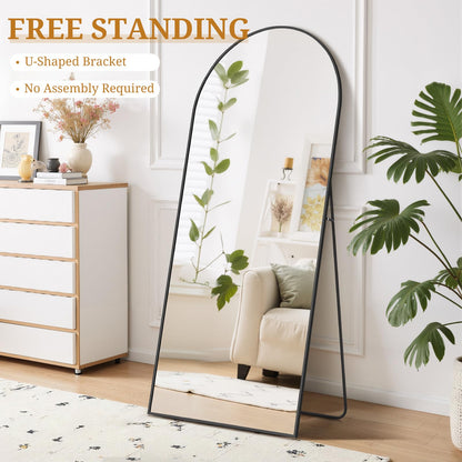 Full Length Mirror 71"x26" Full Body Mirror Arched Free Standing Wall Mounted Leaning Floor Mirrors with Stand Aluminum Alloy Frame for Bedroom Cloakroom, Black