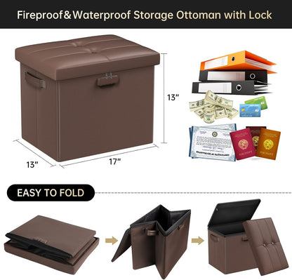 17x13x13in, DocSafe Storage Ottoman Foot Rest Stool with Lock Handle, Fireproof Folding Leather Footstool Bench