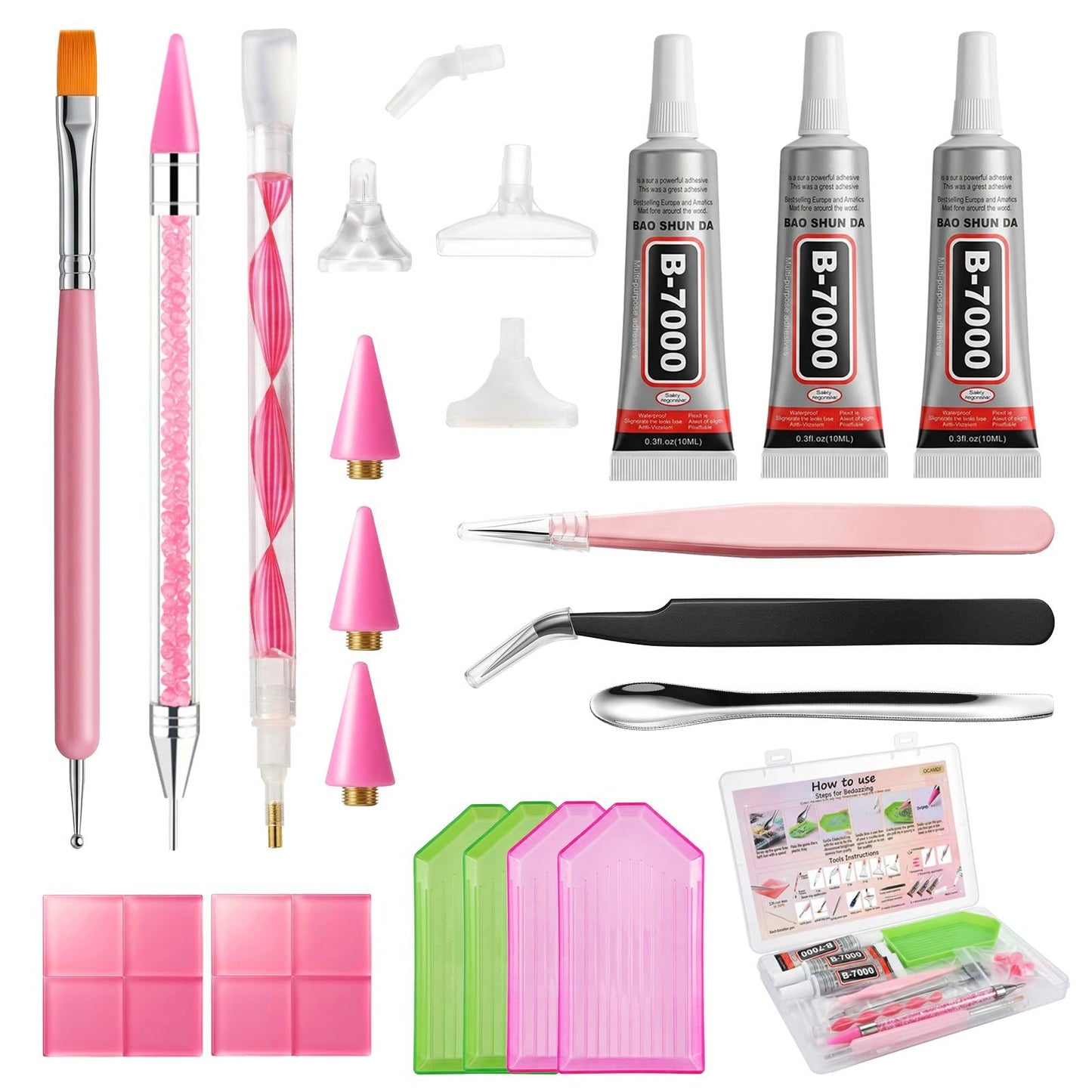 OCARDI 30Pcs Rhinestone Picker Tools for Bedazzling Kit - B7000 Jewelry Glue for Craft,9-in-1 System with 3 Picker Pens&9 Interchangeable Tips, Trays,Tweezers&Clay,All-in-One Diamond Art Painting Set