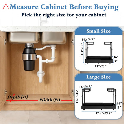 Aisslro Under Sink Organizer, 2 Tier Under the Sink Storage, Expandable Adjustable Slide Out Pull Out Under Cabinet Organizers Shelf, for Kitchen Bathroom Pantry Closet Organization, Black