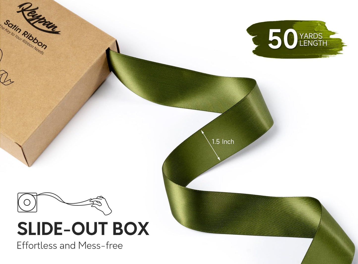 Keypan Green Satin Ribbon 1-1/2 Inch x 50 Yards Double-Faced for Gift Wrapping Crafts Flower Bouquet Invitations Holiday Decorating