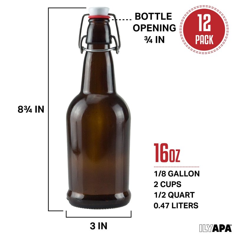 Ilyapa 16 Ounce Amber Swing Top Glass Bottles - 12 Pack Flip Top with Airtight Lid, for Home Brewing - Kombucha, Soda, Coquito, Kefir, Juice