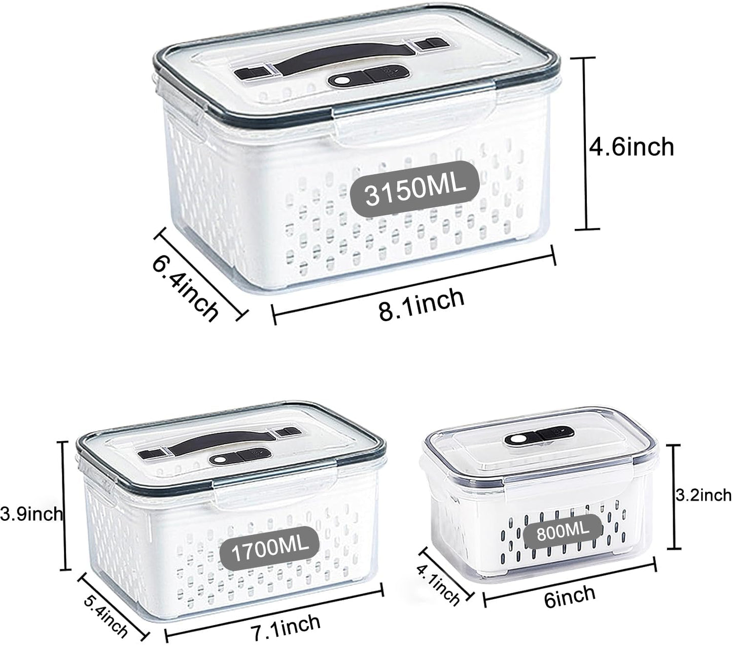 Fruit Storage Containers for Fridge with vent holes and handle，Airtight Food Storage Containers Keep Fruits, Vegetables, Berry, Meat Fresh longer,BPA-free Fridge Storage Container with Lid (3 Pack)