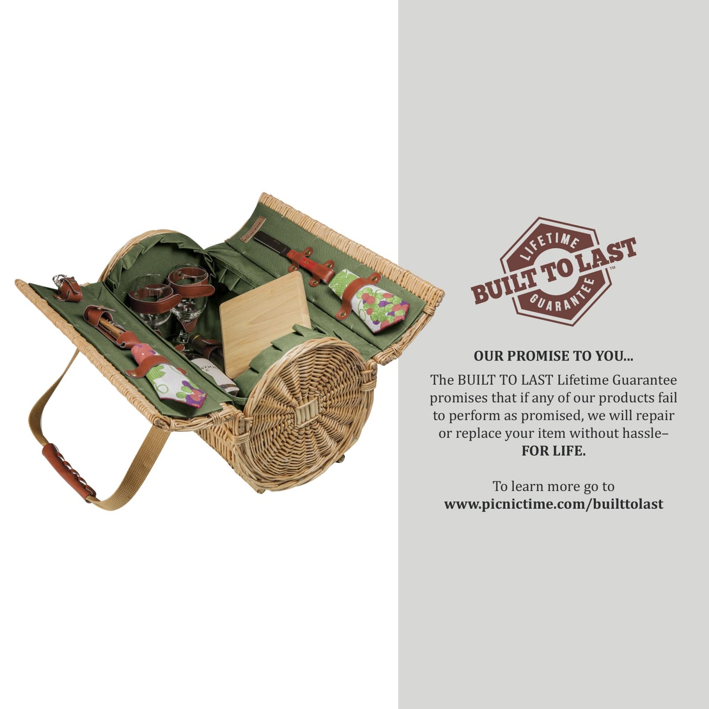 PICNIC TIME Verona Wine & Cheese Picnic Basket, Romantic English-Style Rounded Wooden Wicker Basket with Deluxe Service for 2, Fully-lined Interior and Handwoven, (Pine Green)