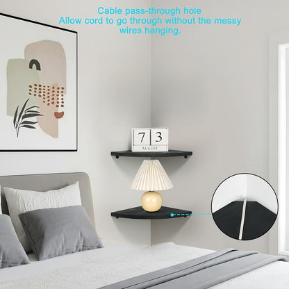 Set 2, Fan-shaped-10 Inch) Corner Wall Shelves of Rustic Wood Corner Floating Shelves with Cable Raceway, Wall Mount