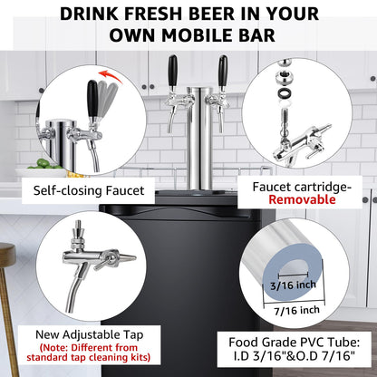 New Adjustable Dual Tap Kegerator Tower & Dual Keg Regulator CO2 Beer Pressure Regulator 0-60psi for Brewing