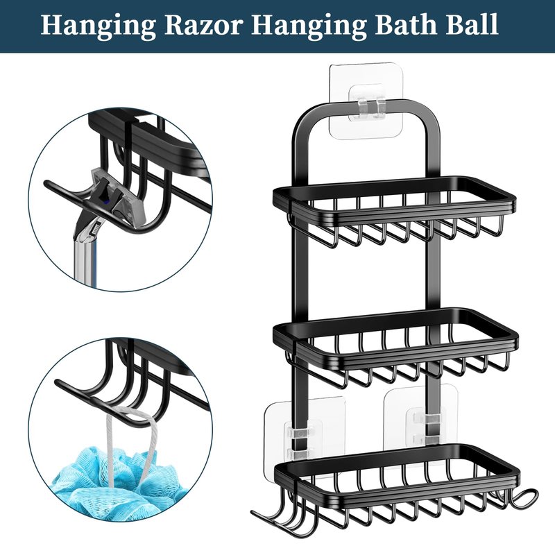 3 Tier Soap Bar Holder for Shower, Aluminum Wall Mounted Rustproof Soap Holder with 4 Hooks and Razor Holder, Shower Rack Soap Tray Bar Soap for Bathroom Accessories Organizer Black
