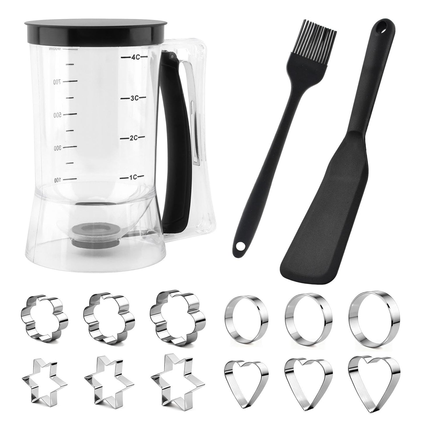 Pancake Batter Dispenser With Squeeze Handle Set, No Mess & Easy Pour, Includes Muffin, Hexagram, Heart and Flower Rings, Pastry Brush and Spatula – Ideal for Pancakes, Waffles and Cupcakes