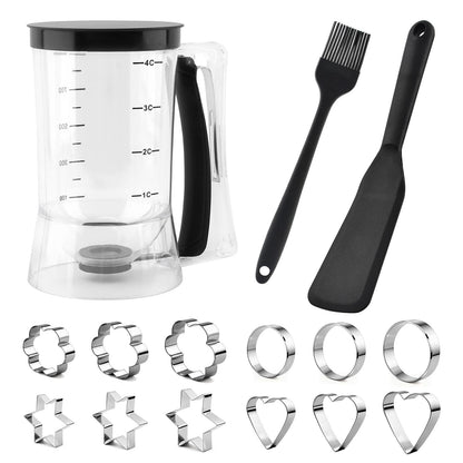 Pancake Batter Dispenser With Squeeze Handle Set, No Mess & Easy Pour, Includes Muffin, Hexagram, Heart and Flower Rings, Pastry Brush and Spatula – Ideal for Pancakes, Waffles and Cupcakes