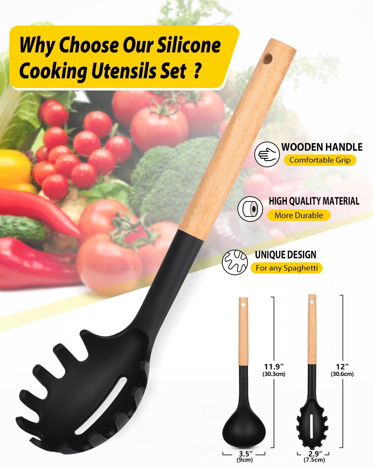 Silicone Pasta Fork and Ladle Spoon Set with Wooden Handle, Heat Resistant Non Stick Kitchen Utensils for Cooking, Stirring, Serving Spaghetti, Soup, Sauce(BLACK)