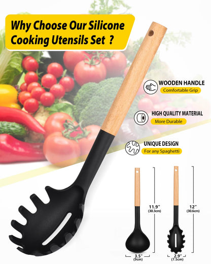 Silicone Pasta Fork and Ladle Spoon Set with Wooden Handle, Heat Resistant Non Stick Kitchen Utensils for Cooking, Stirring, Serving Spaghetti, Soup, Sauce(BLACK)