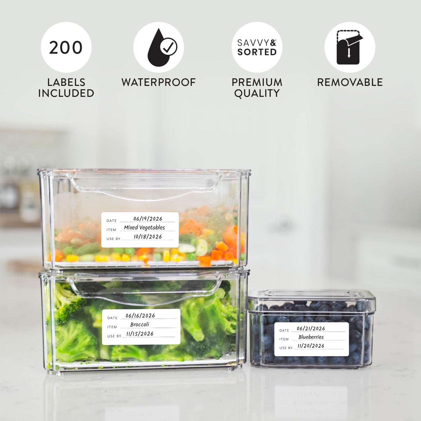 200 Meal Prep Freezer Food Labels - 2.75 x 1.25 Inch Freezer Tape Labels for Food Containers to Write On, Removable Easy Peel Off, Kitchen Pantry Storage Stickers, Oil Water Resistant