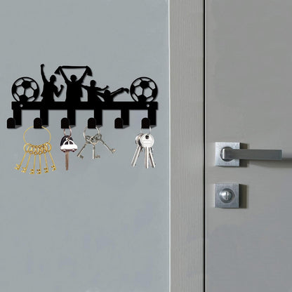 CREATCABIIN Football Key Holder, Wall Mounted Metal Welcome Home Decoration with 6 Hooks (5.1x10.6 Inch, Black)