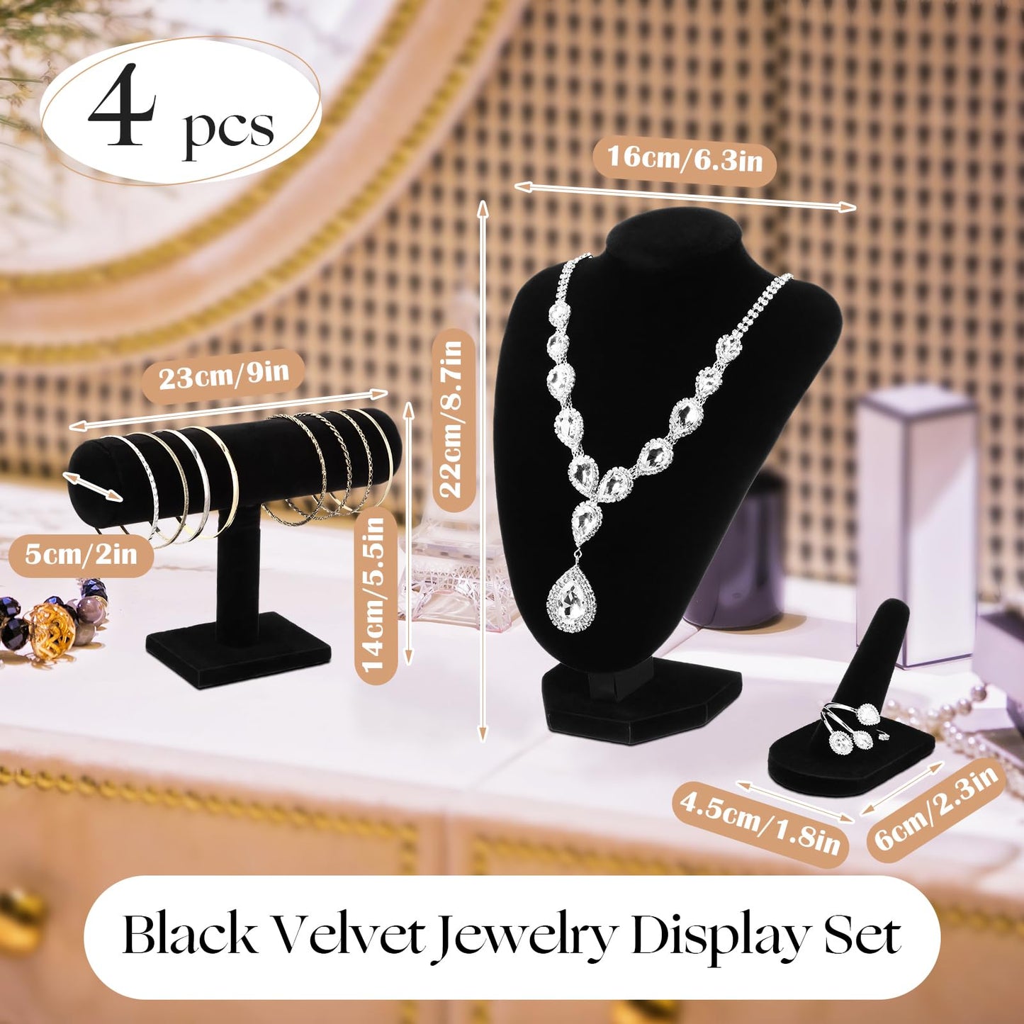 Wenqik 4 Pcs Velvet Jewelry Display Set Velvet Necklace Bust Holder Bracelet Organizer 2 Ring Finger Jewelry Holder(Black)