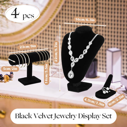 Wenqik 4 Pcs Velvet Jewelry Display Set Velvet Necklace Bust Holder Bracelet Organizer 2 Ring Finger Jewelry Holder(Black)