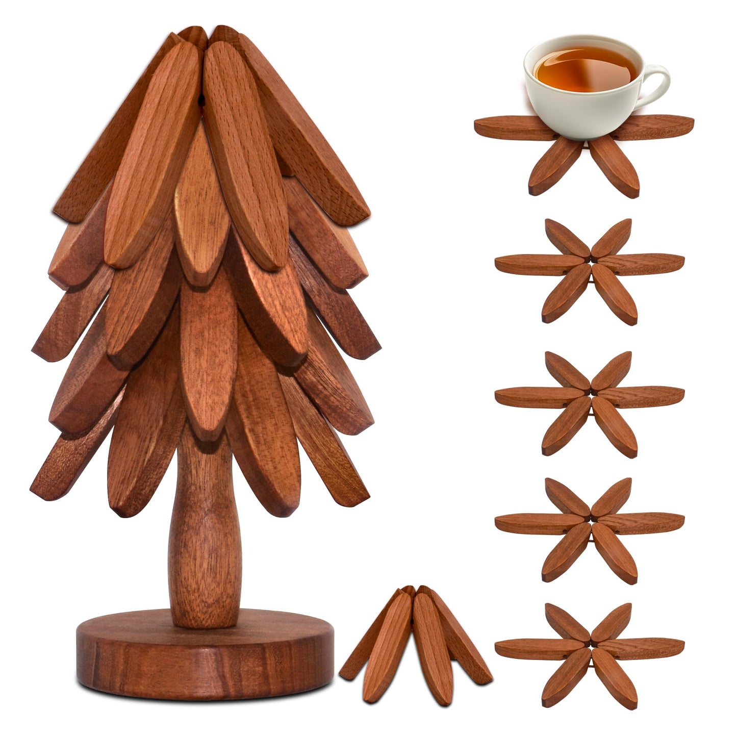 Wooden Trivets for Hot Dishes, Wooden Tree Trivet Set of 5 for Easy Storage - Suited for Hots, Pans, Bowl, Teapot, Hot Holders - Multifunctional Ornaments (Dark - 5 PCs)