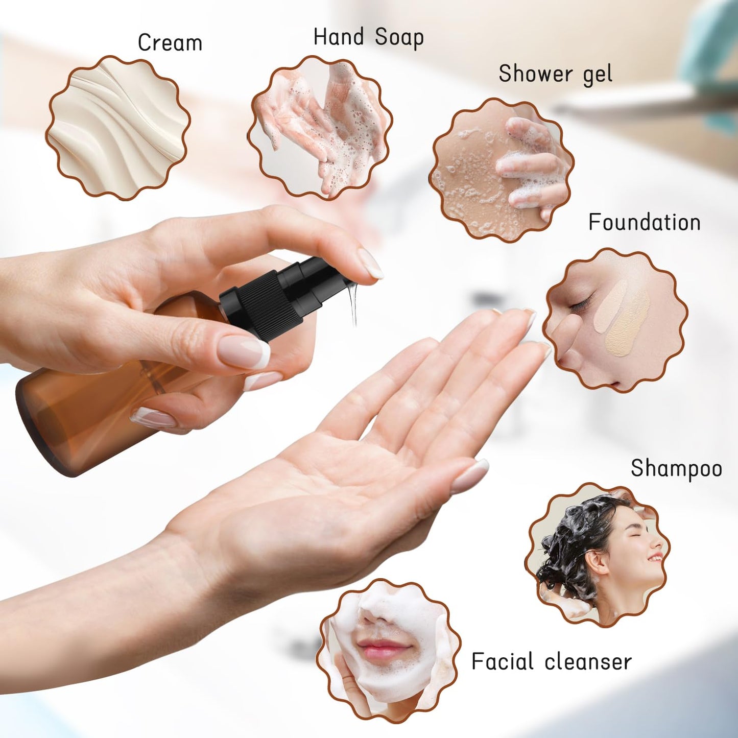 10 Pack Empty Amber Glass Pump Bottles Refillable Cream Lotion Bottles Travel Cosmetic Dispenser Bottle for Sample,Liton,Cream,Liquids Aromatherapy and More (50ml/1.7oz)