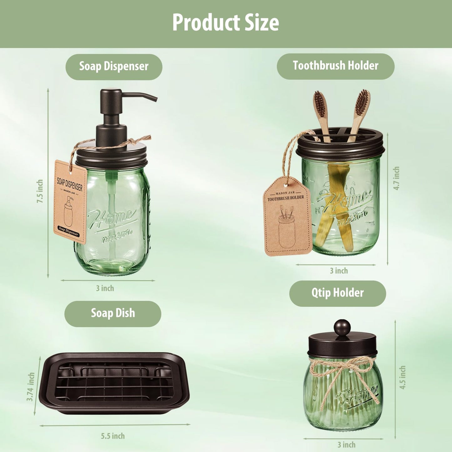 SheeChung Green Bathroom Accessories Set, 6Pcs Mason Jar Glass Bathroom Set, Lotion Soap Dispenser, Toothbrush Holder, Qtip Holder, Soap Dish, Metal Wire Basket, Rustic Farmhouse Bathroom Decor-Bronze