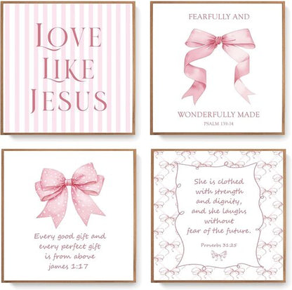 LARTSFRO Coquette Pink Bow Wall Art Decor - Inspirational Christian Posters for Teen Girls | Set of 4, 10x10 Inch Unframed