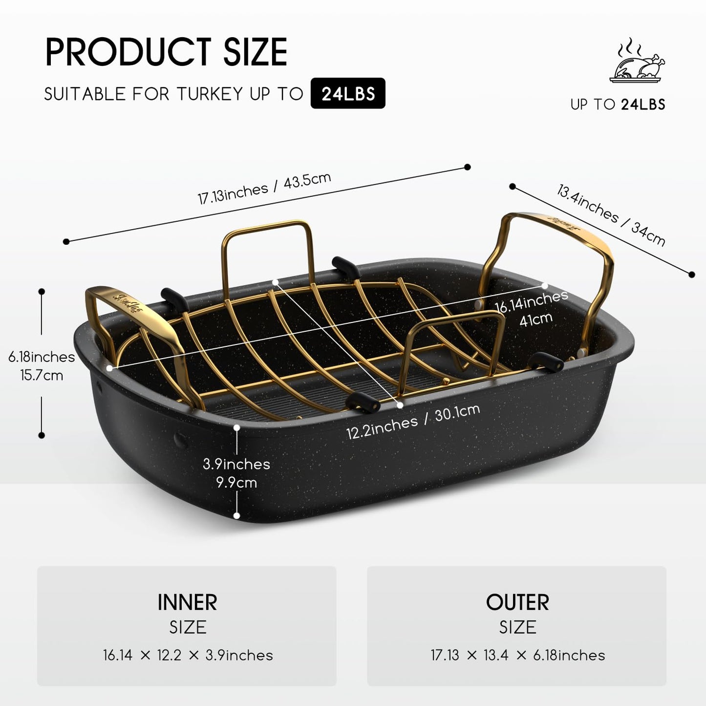 Slow Slog Roasting Pan, 17 Inch x 13 Inch Roaster with Removable Rack, Nonstick Roaster Pan for Roasting Turkey, Meat & Vegetables (Gold)